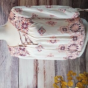 NEW MAURICES 3/4 OPEN TIE SLEEVE FLOUNCY BOHO PULLOVER TOP BLOUSE